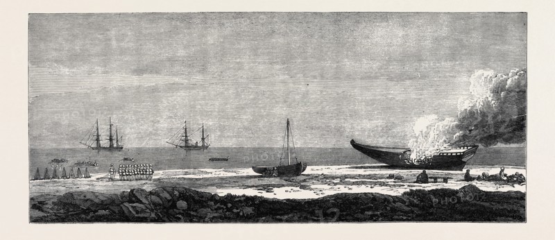 EXPEDITION OF A BRITISH FORCE FROM ADEN TO SHUGRA: EMBARKATION OF THE TROOPS AND BURNING OF A DHOW, 1866