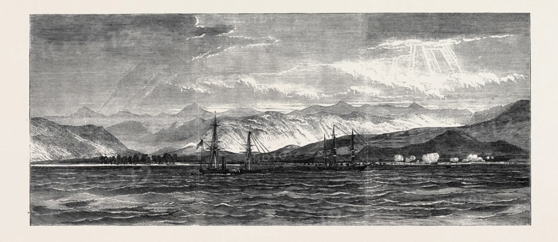 EXPEDITION OF A BRITISH FORCE FROM ADEN TO SHUGRA: VIEW OF SHUGRA FROM THE ANCHORAGE: THE TROOPS EFFECTING A LANDING, 1866