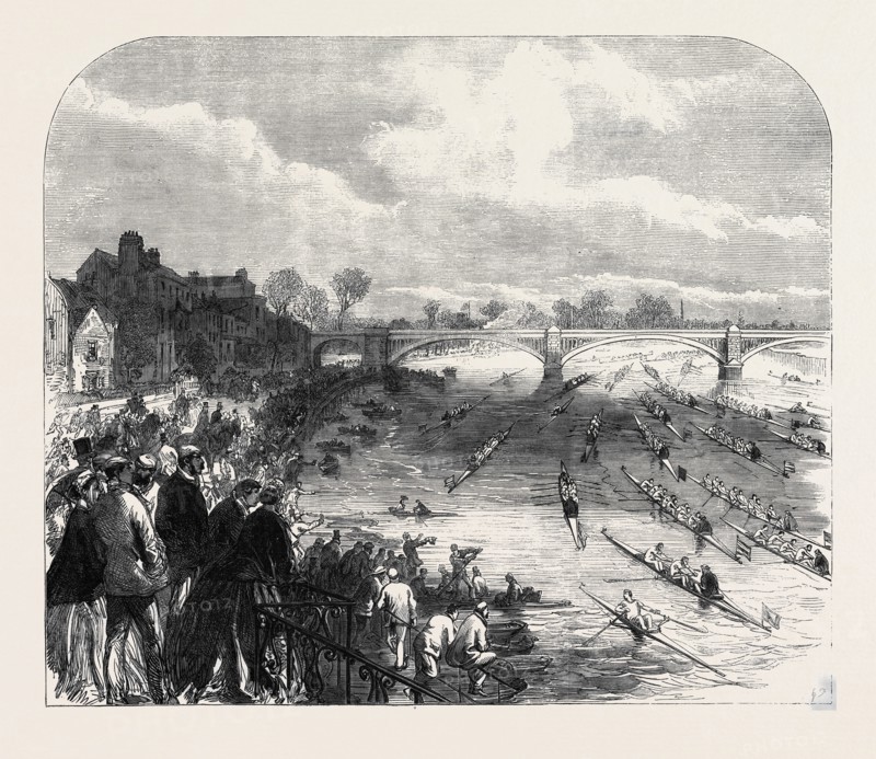 OPENING OF THE METROPOLITAN BOATING SEASON ON SATURDAY LAST: THE PROCESSION OF BOATS AT BARNES, UK, 1866