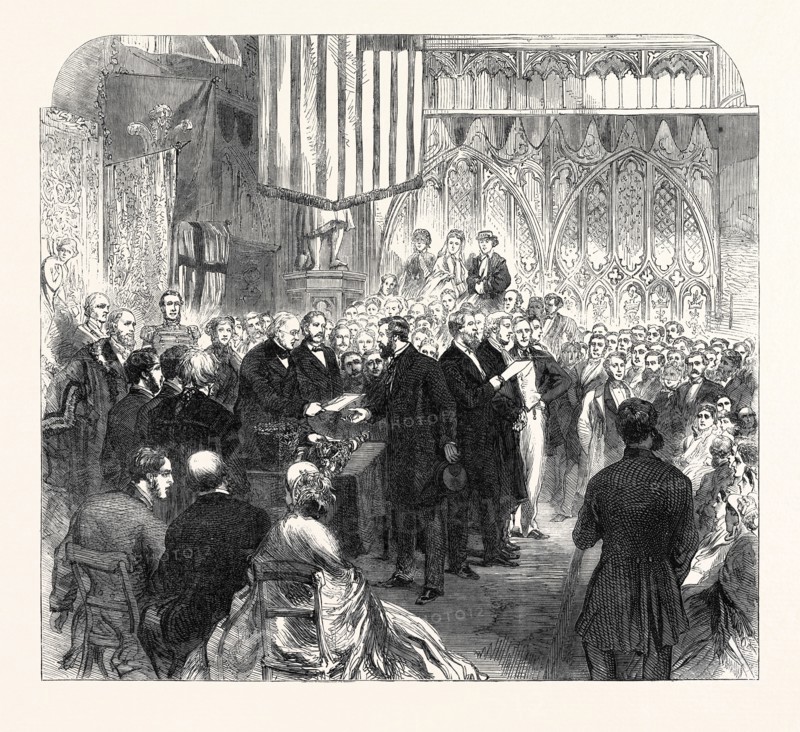 MR. PEABODY DISTRIBUTING THE PRIZES AT THE WORKING CLASSES INDUSTRIAL EXHIBITION, GUILDHALL, UK, 1866