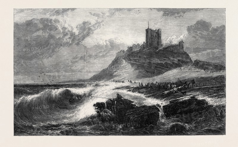 "BAMBOROUGH CASTLE, A SIGNAL OF DISTRESS IN THE OFFING," BY E. HAYES, R.H.A., IN THE EXHIBITION OF THE SOCIETY OF BRITISH ARTISTS, 1866