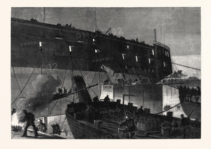 LAUNCH OF THE NORTHUMBERLAND: FIXING THE CAMELS AT NIGHT, 1866