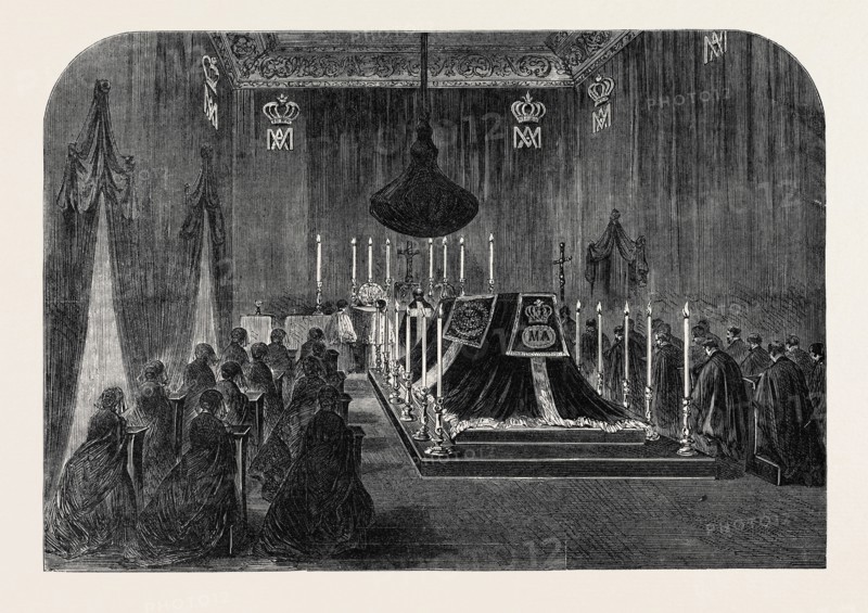 THE FUNERAL OF QUEEN MARIE AMELIE: THE LAST SOLEMN SERVICE IN THE CHAPELLE ARDENTE, AT CLAREMONT, 1866