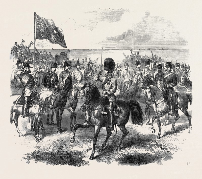 THE VOLUNTEER REVIEW AT BRIGHTON: THE PRINCE OF WALES PASSING THE SALUTING POINT AT THE HEAD OF THE HON. ARTILLERY COMPANY, UK, 1866