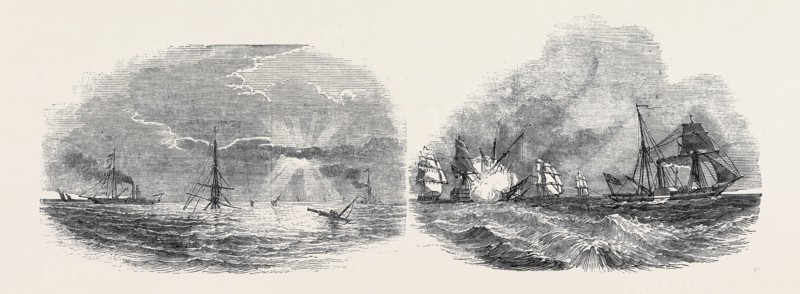LEFT IMAGE: VIEW OF THE WRECK, AT SUNSET; RIGHT IMAGE: SUPPOSED CASE OF A STEAMER PURSUED BY AN ENEMY