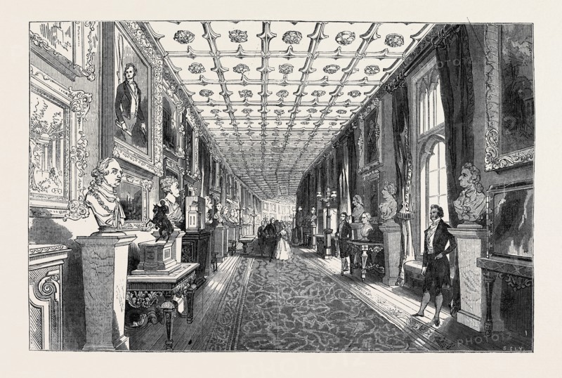 VISIT OF THE KING OF THE FRENCH TO QUEEN VICTORIA; THE GRAND CORRIDOR: THE QUEEN AND THE ROYAL VISITORS PASSING TO THE BANQUET