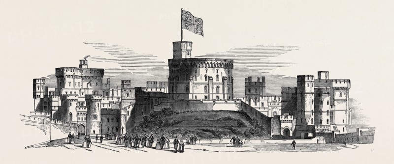 VISIT OF THE KING OF THE FRENCH TO QUEEN VICTORIA: WEST FRONT OF THE UPPER WARD OF WINDSOR CASTLE, THE QUEEN AND HER ROYAL VISITORS PROCEEDING TO ST. GEORGE'S CHAPEL