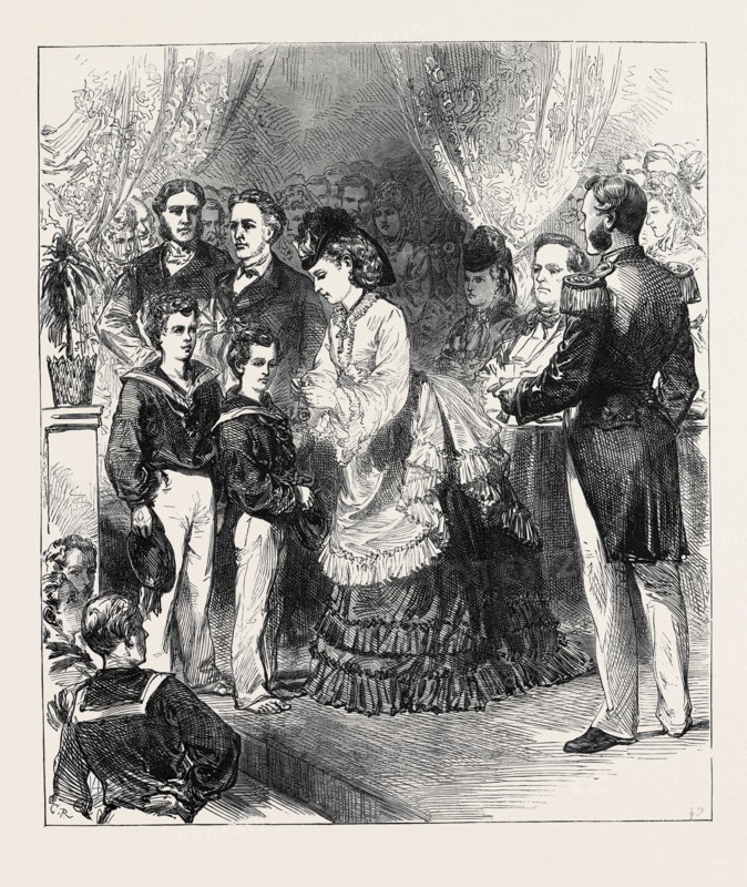 PRINCESS LOUISE GIVING THE PRIZES IN THE CLYDE TRAINING-SHIP CUMBERLAND, 1871