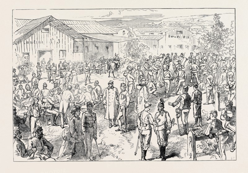 SKETCH IN THE AUSTRIAN CAMP AT BRUCK: EVENING AMUSEMENTS, 1871