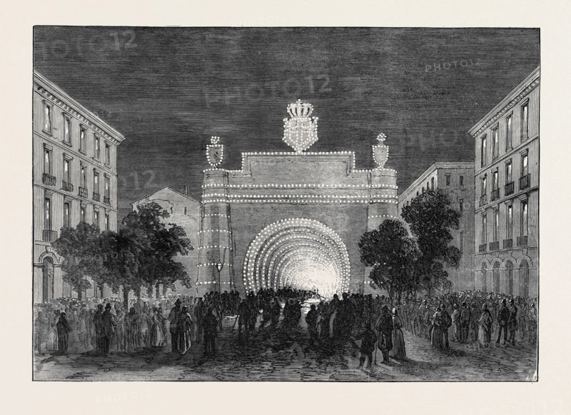 OPENING OF THE MONT CENIS TUNNEL: ILLUMINATIONS AT TURIN REPRESENTING THE TUNNEL, 1871