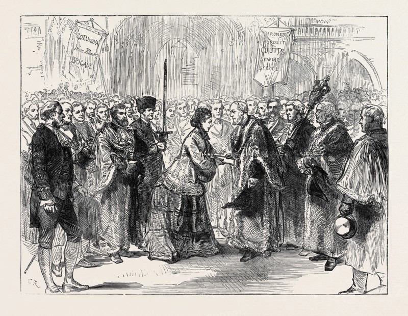 LADY BURDETT-COUTTS DELIVERING COLUMBIA MARKET TO THE LORD MAYOR, LONDON, 1871