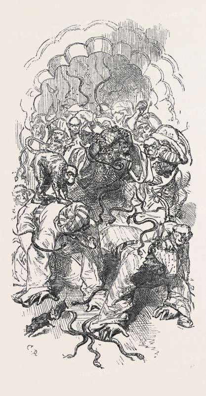 "Sacks of feathers were emptied upon them, then a sackful of live rats, succeeded by a dozen monkeys and some score of young serpents."