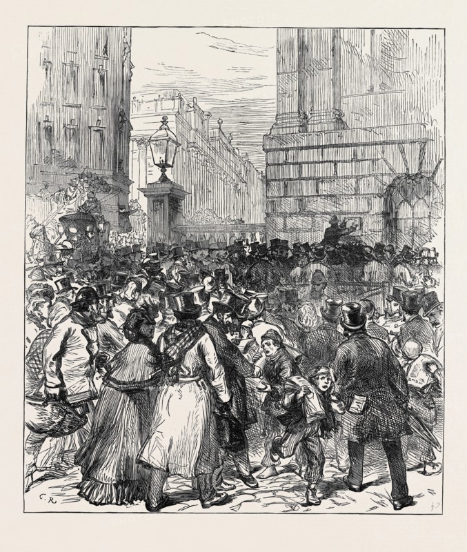 ILLNESS OF THE PRINCE OF WALES: POSTING THE BULLETIN AT THE MANSION HOUSE, 1871