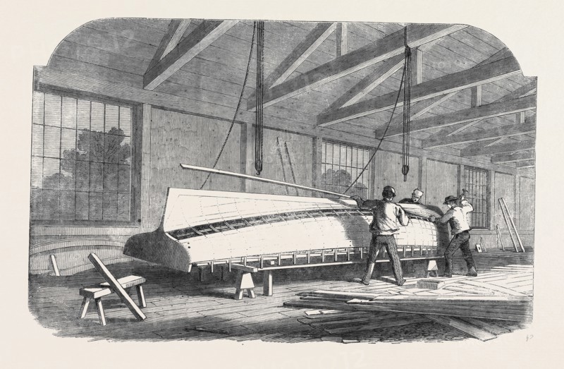PUTTING THE PARTS TOGETHER ON THE ASSEMBLING FORM, THOMPSON'S BOATBUILDING MACHINERY