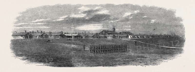 NORTH VIEW OF A PORTION OF THE CURRAGH CAMP, ENGLISH CHURCH, ROMAN CATHOLIC CHURCH, THE PRINCE OF WALES IN IRELAND, JULY 13, 1861