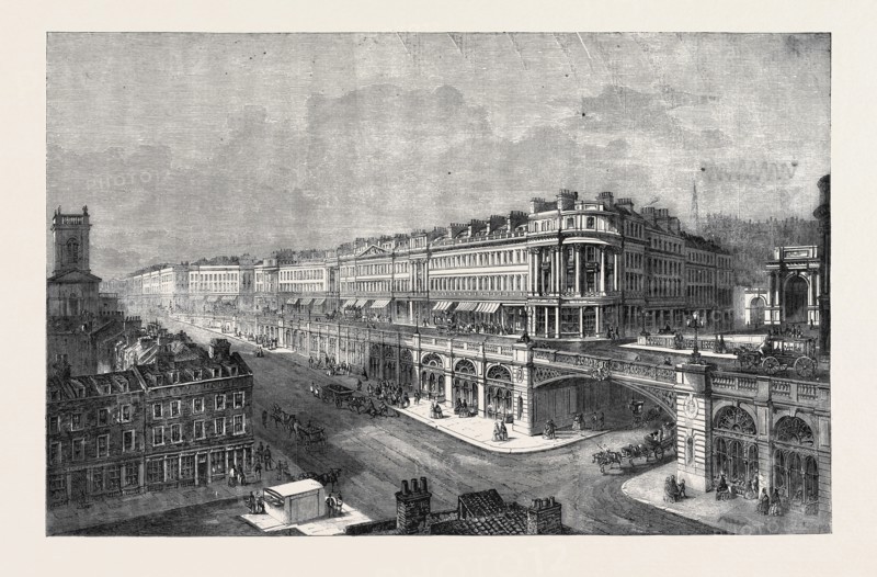 VIEW OF THE PROPOSED HIGH LEVEL ROAD OR VIADUCT FROM ST. SEPULCHRE'S CHURCH TO HATTON GARDEN, LOOKING WEST, BY F. MARRABLE, IN THE EXHIBITION OF THE ROYAL ACADEMY, LONDON