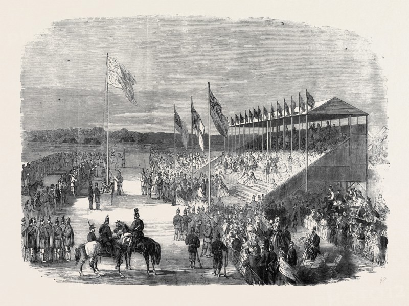 PRESENTATION OF THE PRIZES BY THE DUKE OF CAMBRIDGE IN FRONT OF THE GRAND STAND, THE NATIONAL RIFLE ASSOCIATION MEETING ON WIMBLEDON COMMON, JULY 20, 1861
