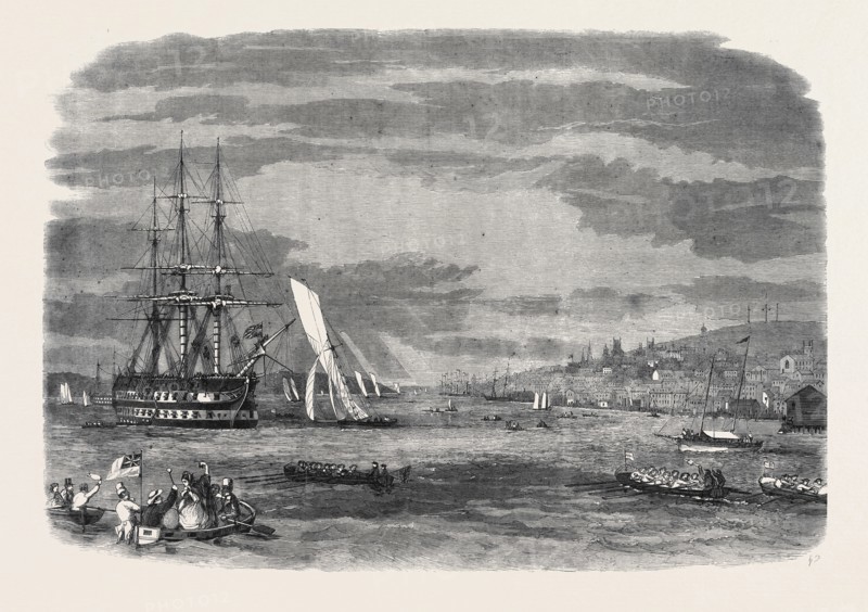 REGATTA IN HALIFAX HARBOUR, NOVA SCOTIA, SAILING MATCH FOR THE PRINCE OF WALES' CUP: THE WINNING YACHT WAVE CROSSING THE BOWS OF THE ST. GEORGE