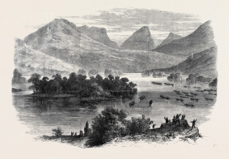 THE QUEEN'S VISIT TO IRELAND: THE ROYAL BARGE PROCEEDING THROUGH THE UPPER LAKE OF KILLARNEY TO DERRICUNIHY CASCADE, SKETCHED FROM THE KENMARE ROAD