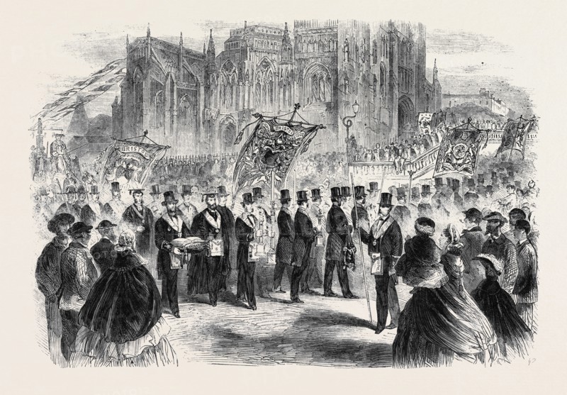 MASONIC DEMONSTRATION AT BRISTOL IN CONNECTION WITH THE RESTORATION OF ST. MARY REDCLIFF CHURCH: ARRIVAL OF THE PROCESSION AT THE CHURCH