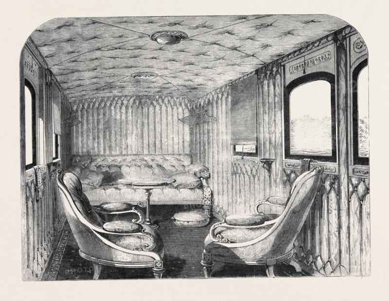SALOON OF HER MAJESTY'S CARRIAGE ON THE LONDON AND NORTH-WESTERN RAILWAY.