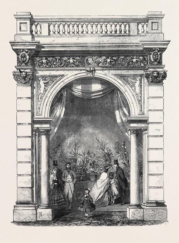 ROYAL HORTICULTURAL SOCIETY'S GARDENS, SOUTH KENSINGTON: ONE OF THE ARCHES OF THE NORTHERN ARCADE, FINISHED TO SHOW THE PROPOSED STYLE OF DECORATION