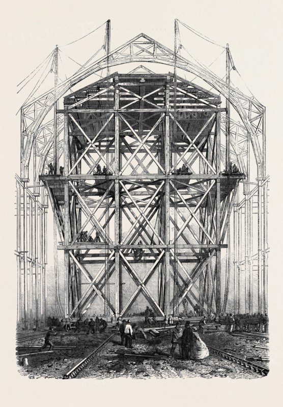 PROGRESS OF THE GREAT EXHIBITION BUILDING: THE TRAVERSING PLATFORM USED IN THE CONSTRUCTION OF THE NAVE.