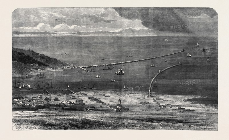 BIRDSEYE VIEW OF THE SULINA MOUTH OF THE DANUBE, SHOWING THE WORKS OF IMPROVEMENT LATELY CARRIED OUT UNDER THE EUROPEAN COMMISSION OF THE DANUBE BY CHARLES A. HARTLEY, ESQ., C.E., ENGINEER IN CHIEF TO THE COMMISSION.
