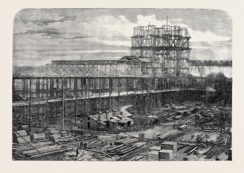 PROGRESS OF THE INTERNATIONAL EXHIBITION BUILDING: WORKS OF THE NAVE, EASTERN TRANSEPT, AND DOME, AS SEEN FROM THE SOUTH WEST