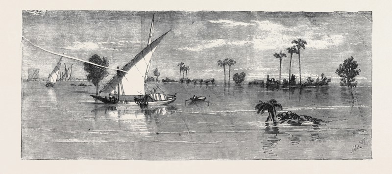 VIEW BELOW KAFR ZAYAT, SHOWING THE RAILWAY BRIDGE, AND TRAIN OFF THE LINE, INUNDATION OF THE NILE