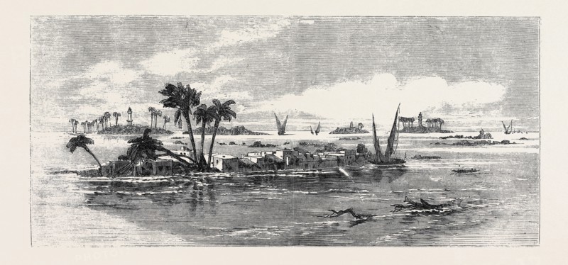 VIEW ON THE NILE: INUNDATION OF VILLAGES AND ENCAMPMENT ON THE BANK OF THE NILE, INUNDATION OF THE NILE