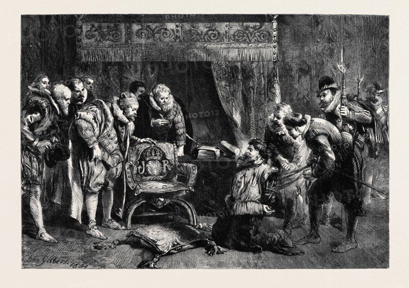 THE GUNPOWDER PLOT: GUY FAWKES BEING INTERROGATED BY JAMES I AND HIS COUNCIL IN THE KING'S BEDCHAMBER, WHITEHALL, BY JOHN GILBERT