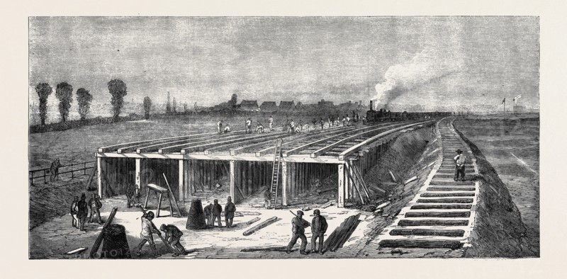CONSTRUCTING THE CONCRETE EMBANKMENT ACROSS THE PLAISTOW MARSHES: DEPOSITING THE CONCRETE, LONDON MAIN DRAINAGE