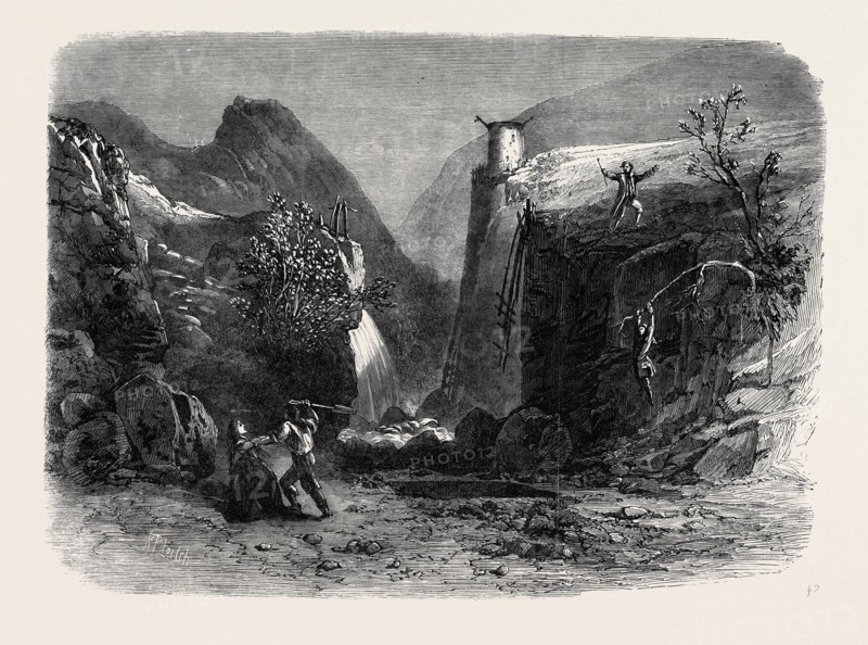 SCENE FROM MR. FALCONER'S NEW DRAMA, "PEEP O'DAY," AT THE LYCEUM THEATRE: THE OLD QUARRY IN THE FOIL DHUIV, OR DARK VALLEY