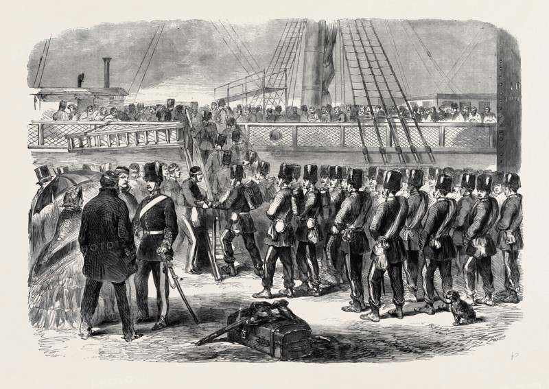 EMBARKATION AT WOOLWICH OF THE E BATTERY FOURTH BRIGADE OF ROYAL FIELD ARTILLERY ON BOARD THE MELBOURNE FOR CANADA
