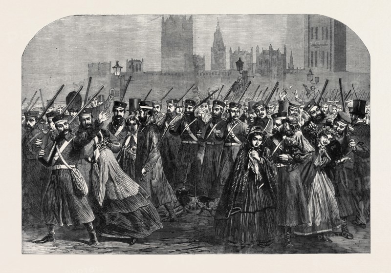 REINFORCEMENTS FOR CANADA: THE GUARDS CROSSING WESTMINSTER BRIDGE ON THEIR WAY TO THE SOUTH WESTERN RAILWAY STATION, DECEMBER 28, 1861