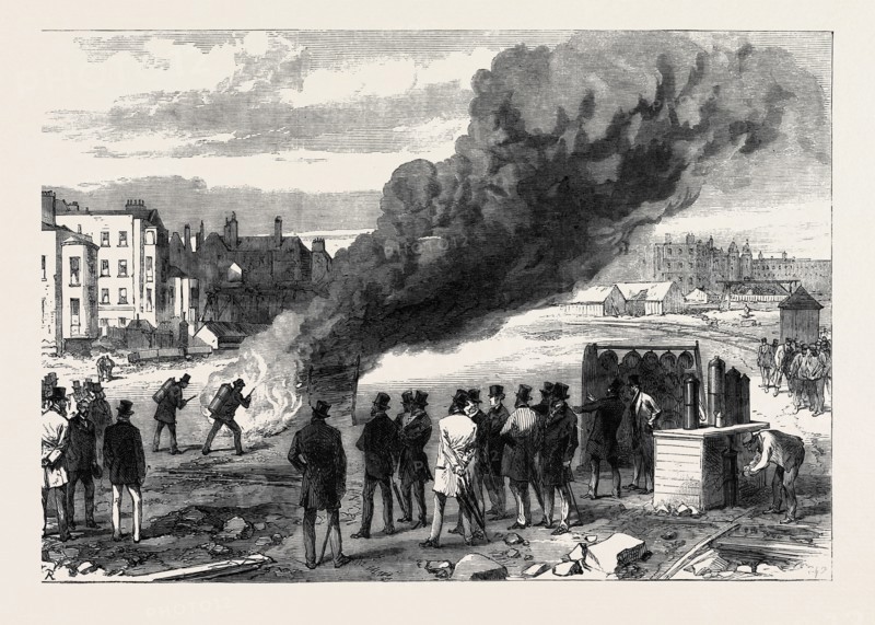 EXPERIMENTS WITH L'EXTINCTEUR ON THE THAMES EMBANKMENT BEFORE THE PRINCE OF WALES, 1868
