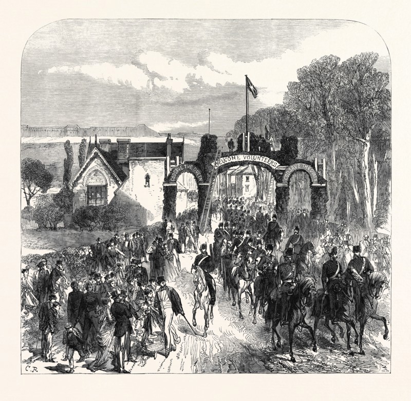 THE VOLUNTEER REVIEW AT PORTSMOUTH: THE 1ST MIDDLESEX ARTILLERY PASSING THROUGH COSHAM ON GOOD FRIDAY, 1868