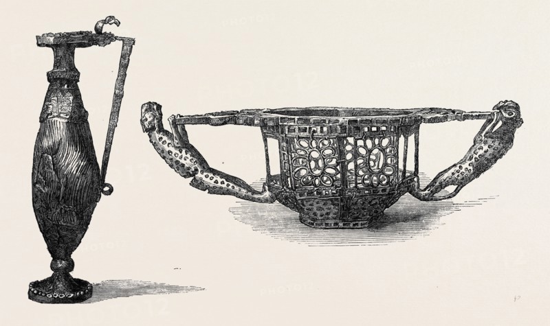 GOLD EWER OR WINE JUG (DACIAN, 5TH CENTURY), LEFT; BOWL OR BASKET, WITH TIGER HANDLES (DACIAN, 5TH CENTURY), RIGHT; 1868