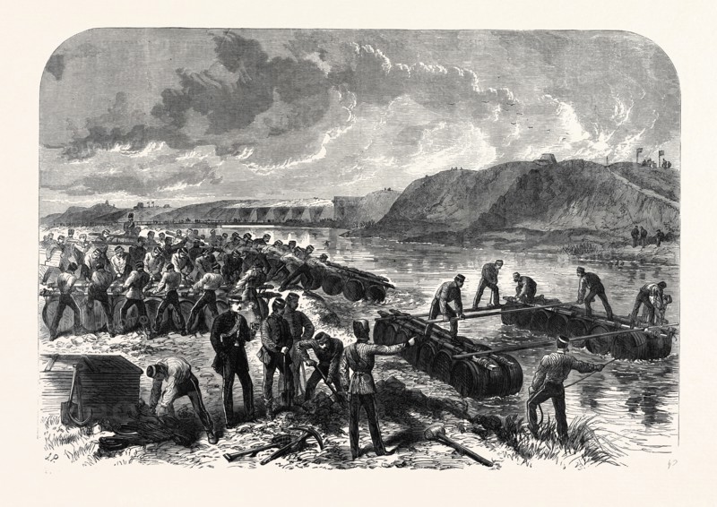 THE VOLUNTEER REVIEW AT PORTSMOUTH: THE FIRST HANTS ENGINEER VOLUNTEERS CONSTRUCTING A BARREL-PIER BRIDGE FOR THE SORTIE AT HILSEA LINES, 1868