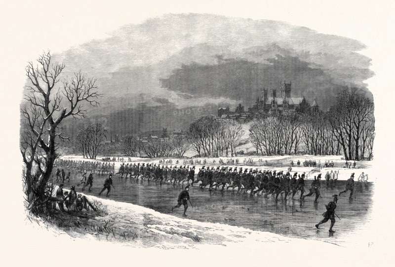 THE FIRST LINCOLNSHIRE RIFLE VOLUNTEERS TAKING A MARCH DOWN THE  RIVER WITHAM ON SKATES, JANUARY, 1861