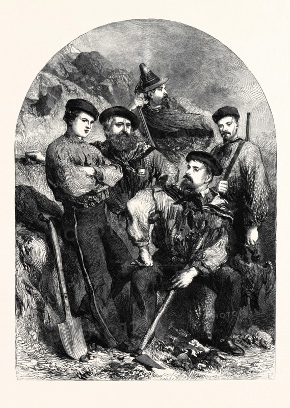 PERSONAL STAFF OF GENERAL GARIBALDI AT CAPRERA, MENOTTI GARIBALDI (LEFT); EMANUELLO PAPALEO, THE CALABRIAN SERVANT OF GENERAL GARIBALDI (SECOND FROM LEFT); LUIGI GUZMAROLI (THIRD FROM LEFT); MAJOR PIETRO STAGNETTI, AIDE-DE-CAMP TO GENERAL GARIBALDI (SECOND FROM RIGHT); BASSO, SECRETARY TO GENERAL GARIBALDI (RIGHT)