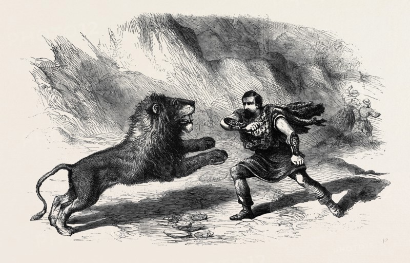 MR. CROCKETT, THE LION TAMER, "PERFORMING" WITH HIS LIONS AT ASTLEY'S THEATRE; "The Lion Conqueror; or, the Death Jungle"