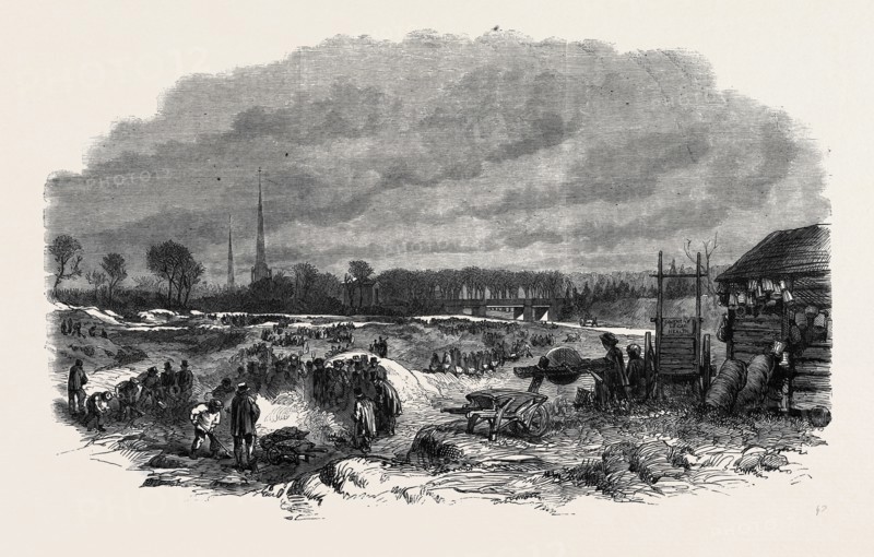 THE DISTRESS AT COVENTRY, WEAVERS EMPLOYED IN LEVELLING WITLEY COMMON AND BURNING THE GORSE, 1861
