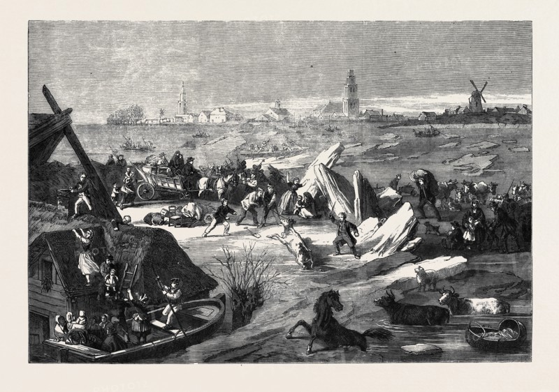 THE INUNDATIONS IN HOLLAND, THE BURSTING OF THE DYKE AT BOMMELLERWAARD, 1861