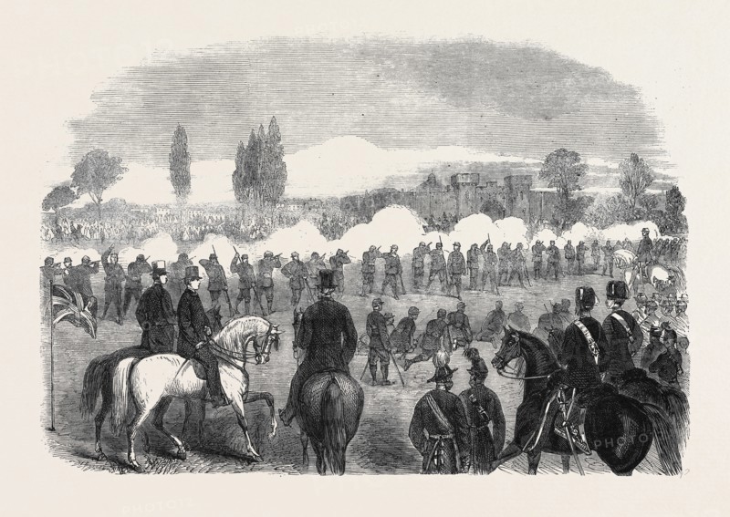THE VOLUNTEER MOVEMENT: REVIEW OF THE CAMBRIDGE UNIVERSITY VOLUNTEERS AND THE INNS OF COURT CORPS AT CAMBRIDGE, BY COLONEL M'MURDO, IN THE PRESENCE OF THE PRINCE OF WALES, 1861