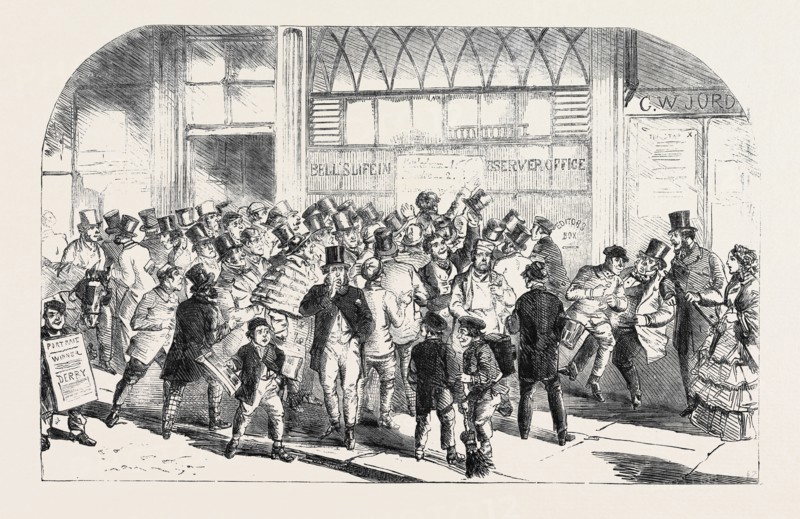 THE DERBY DAY: ANNOUNCEMENT OF THE WINNER AT "BELL'S LIFE" OFFICE