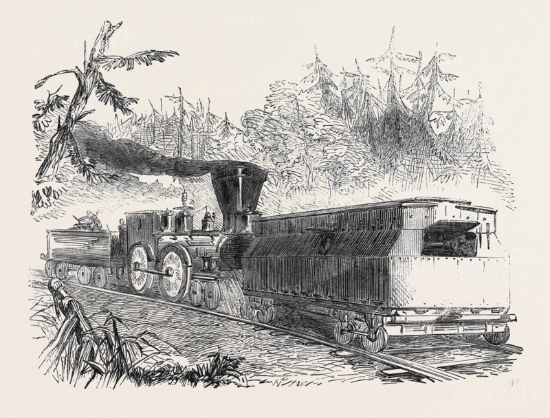 IRON CAR BATTERY ON THE PHILADELPHIA RAILWAY, 1861; RAILROAD BATTERY; THE DETERMINATION OF THE FEDERAL GOVERNMENT TO RECONSTRUCT THE BRIDGES ON THE PHILADELPHIA, WILMINGTON, AND BALTIMORE RAILROAD, DESTROYED BY A MOB FROM BALTIMORE, HAS LED TO THE CONSTRUCTION OF A RAILROAD BATTERY BY THE FEDERAL GOVERNMENT AT THE LOCOMOTIVE WORKS OF BALDWIN AND CO., PHILADELPHIA. ONE OF THE LONG PLATFORM BAGGAGE CARS HAS BEEN FIXED WITH SIDES AND TOP OF THICK SHEET IRON, THE SIDES HAVING PORTHOLES AND LOOPHOLES FOR MUSKETRY. THE CARRIAGE FOR THE GUN IS SO CONSTRUCTED THAT IT CAN BE FIRED AT ANY ANGLE, AND FROM ANY ONE OF THE PORTHOLES IN THE SIDES AND END OF THE CAR. IN PLACE OF SHOT OR SHELL FROM THE CANNON, PIECES OF IRON PUNCHED FROM LOCOMOTIVE BOILERS WILL BE USED AS LOADS. THIS CAR IS TO BE PLACED IN FRONT OF A LOCOMOTIVE, WITH FIFTY MEN INSIDE, ARMED WITH MINIÃƒâ€° RIFLES, AND WITH SEAMEN TO WORK THE CANNON