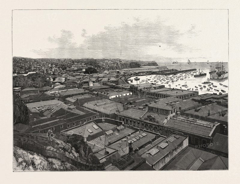 CHILE: THE PORT OF VALPARAISO, SHOWING THE CUSTOM HOUSES, DRY FLOATING DOCK, AND BUSINESS PORTION OF THE CITY