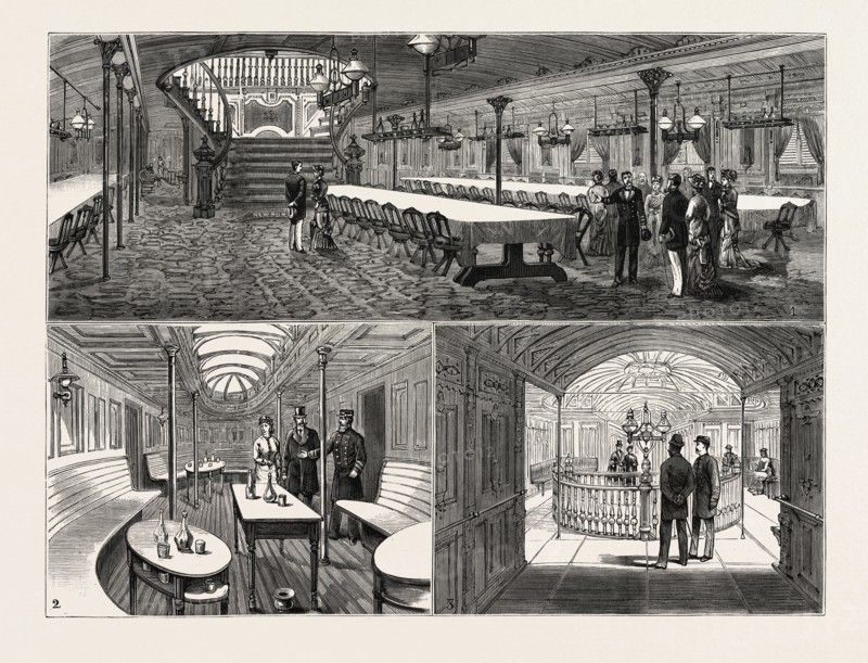 NEW YORK: THE LATEST ACHIEVEMENT IN AMERICAN STEAMSHIP ARCHITECTURE: THE NEWPORT, OF THE NEW YORK AND HAVANA LINE. 1. Dining room. 2. Smoking room. 3. Social Hall